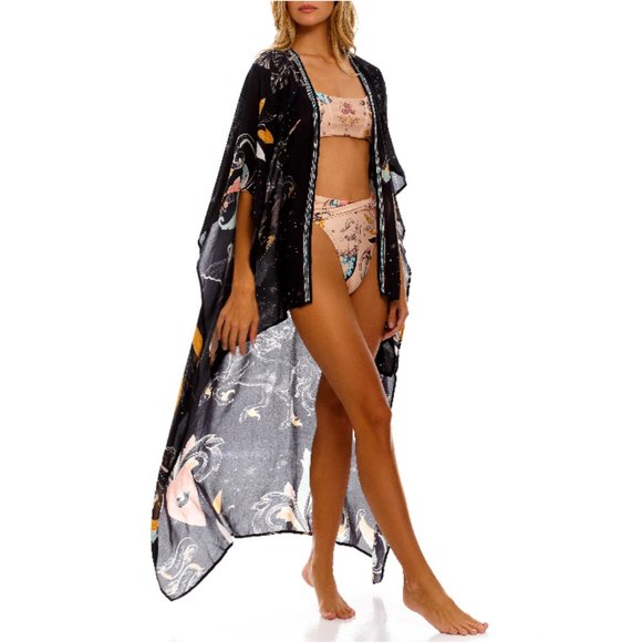 Agua Bendita Other - Agua Bendita Womens Black Beaded Tunica Kimono Mare Coverup One Size